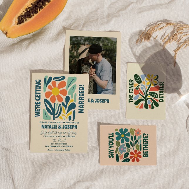 Modern Groovy Floral Colourful Retro Bold Wedding Invitation (Creator Uploaded)