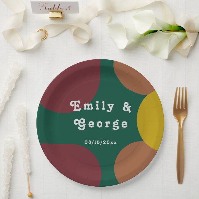 Modern Groovy Retro 70's Stylish Abstract Wedding Paper Plate (Wedding)