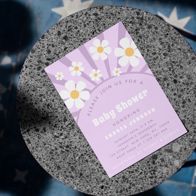 Modern Groovy Retro Pink Purple Daisy Baby Shower Invitation (Creator Uploaded)