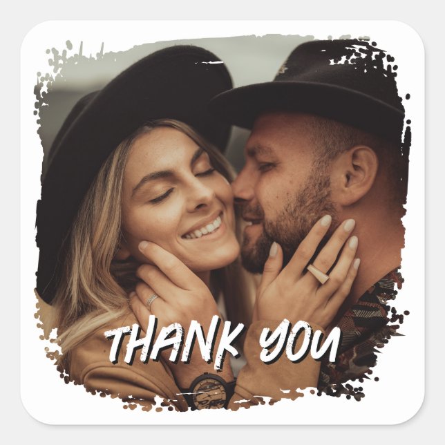 Modern Grunge Border Wedding Photo Thank You Square Sticker (Front)