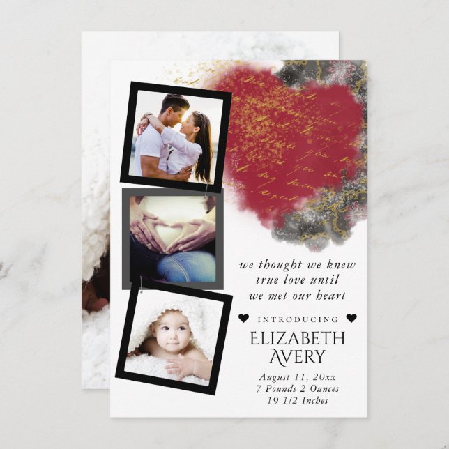 Modern Grunge Heart and Paint Splatter Photo Birth Announcement (Front/Back)