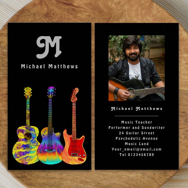 Modern Guitar Teacher Custom Photo Business Card (Retro modern guitar music teacher professional musician photo Business card Colorful guitar art)