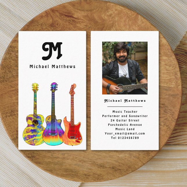 Modern Guitar Teacher Custom Photo Business Card (Guitar teacher custom photo business card with groovy typography and trendy psychedelic guitars )