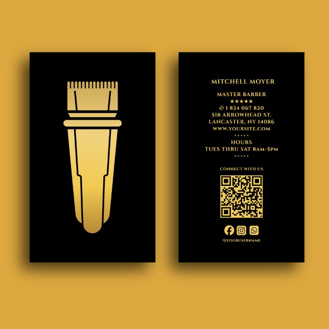Modern Hair Clipper black & Gold Qr Code  Business Card (Creator Uploaded)