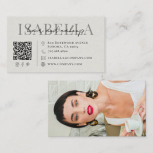 Modern Hair Makeup Artist Faux Linen Script Photo Business Card