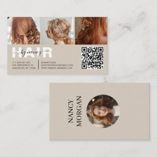 Modern Hair Salon Typography 3 Photo Grid Beige Business Card