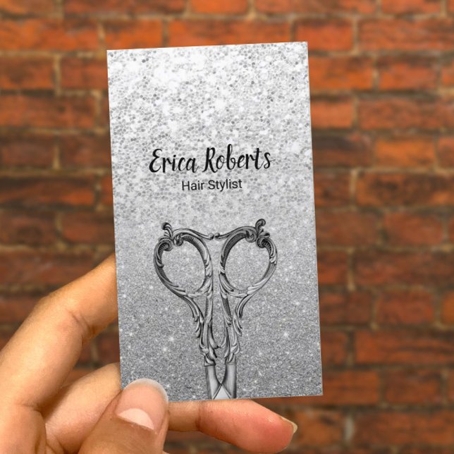 Modern Hair Scissor Silver Glitter Hair Stylist Business Card (Creator Uploaded)