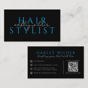 Modern Hair Stylist Black Blue QR Code Business Card