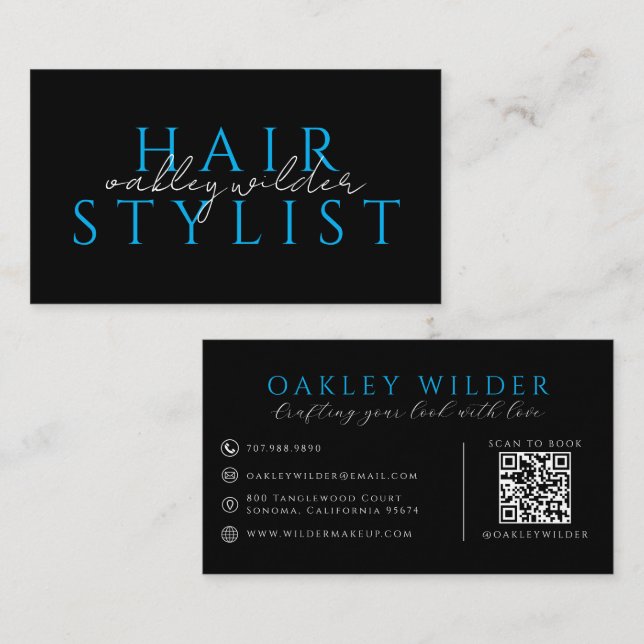 Modern Hair Stylist Black Blue QR Code  Business Card (Front/Back)