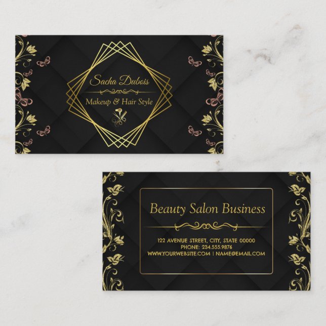 Modern Hair Stylist Black Floral Gold Beauty Salon Business Card (Front/Back)