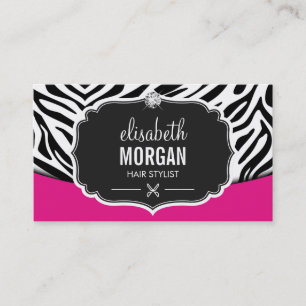 Modern Hair Stylist Black Pink Zebra Print Diamond Business Card