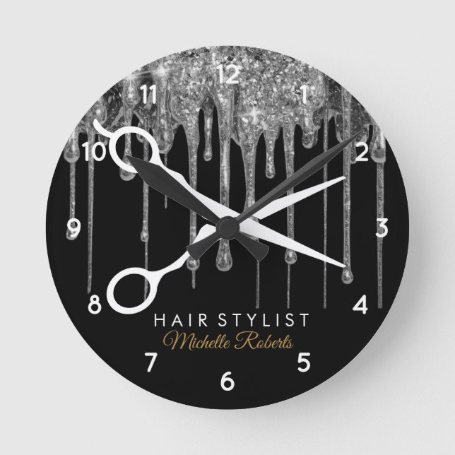 Modern Hair Stylist black Silver Glitter Clock (Front)