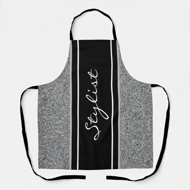 Modern Hair Stylist Black Silver Glitter Custom Apron (Front)