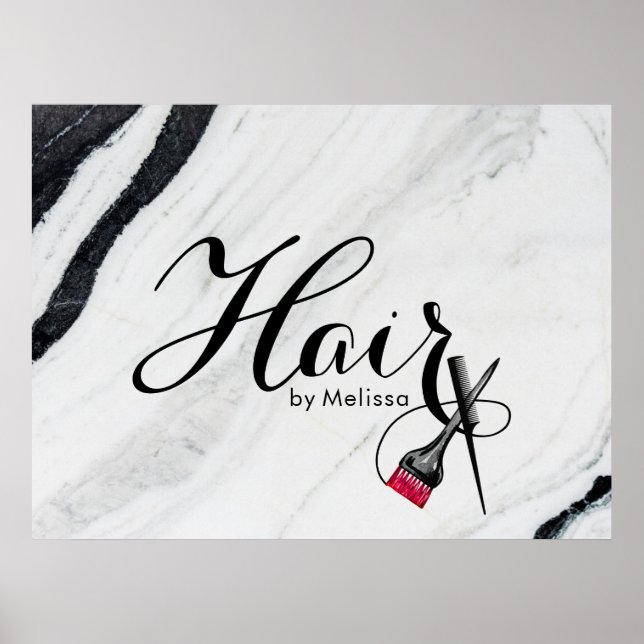 Modern Hair Stylist Black & White Marble Poster (Front)