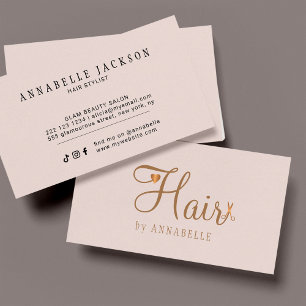 Modern hair stylist blush pink gold chic script business card