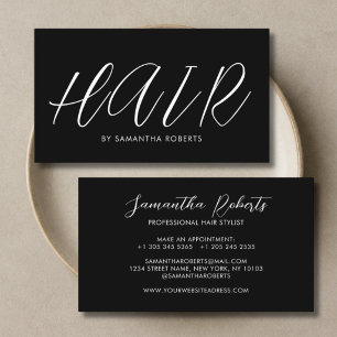 Modern hair stylist chic script black and white business card