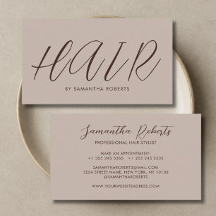 Modern hair stylist chic script tan business card