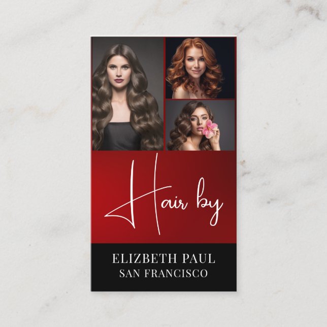 Modern hair stylist customer photos elegant script business card (Front)