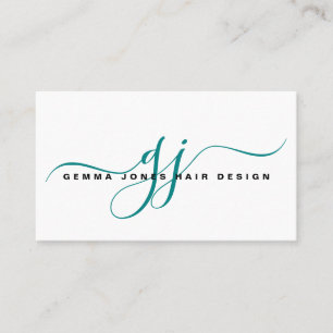 Modern Hair Stylist Gold Script Monogram Teal Business Card