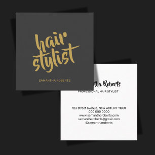 Modern hair stylist minimal script grey gold square business card