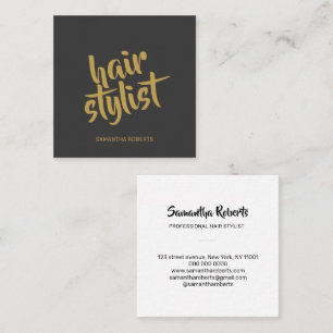 Modern hair stylist minimal script grey gold square business card