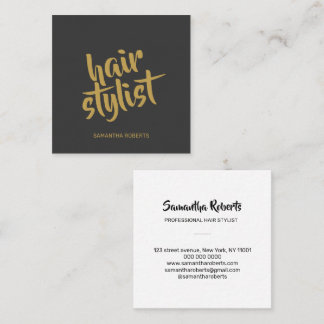 Modern hair stylist minimal script grey gold square business card
