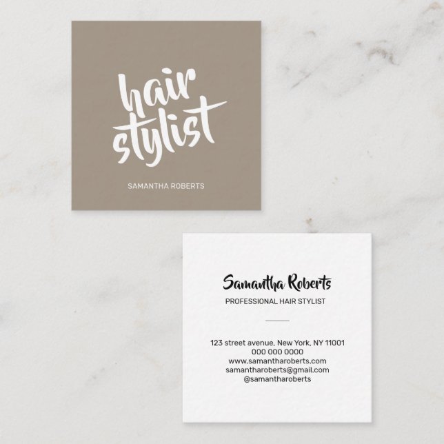Modern hair stylist minimal script light brown square business card (Front/Back)