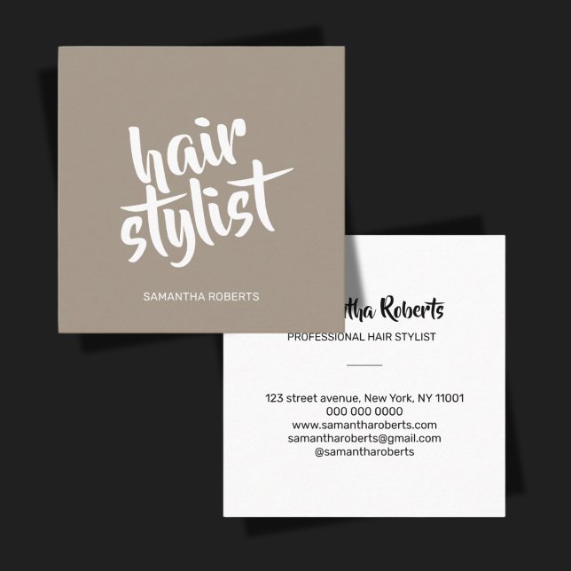 Modern hair stylist minimal script light brown square business card (Creator Uploaded)