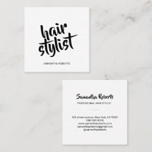 Modern hair stylist minimal script white and black square business card