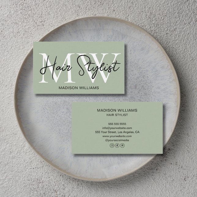 Modern Hair Stylist Monogram Sage Green  Business Card (Modern Hair Stylist Monogram Sage Green Business Card)