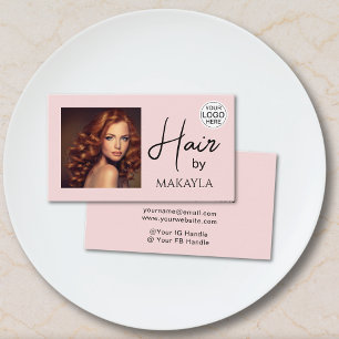Modern Hair Stylist Photo Logo Blush Pink Business Card