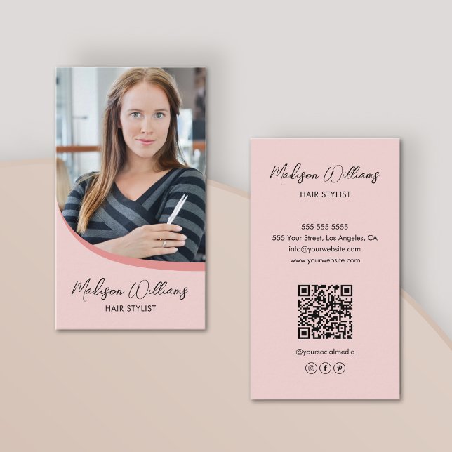 Modern Hair Stylist Photo QR Pink Business Card (Modern Hair Stylist Photo QR Pink Business Card)