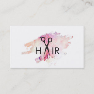 modern hair stylist pink watercolor paint splatter business card