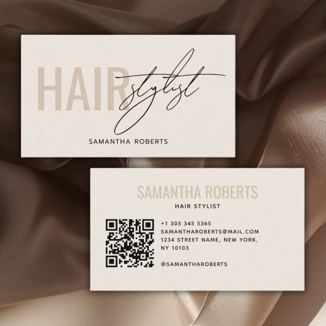 Modern hair stylist QR Code cream Business Card (Creator Uploaded)