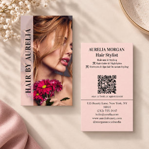 Modern Hair Stylist Qr Code Photo Blush Pink Business Card