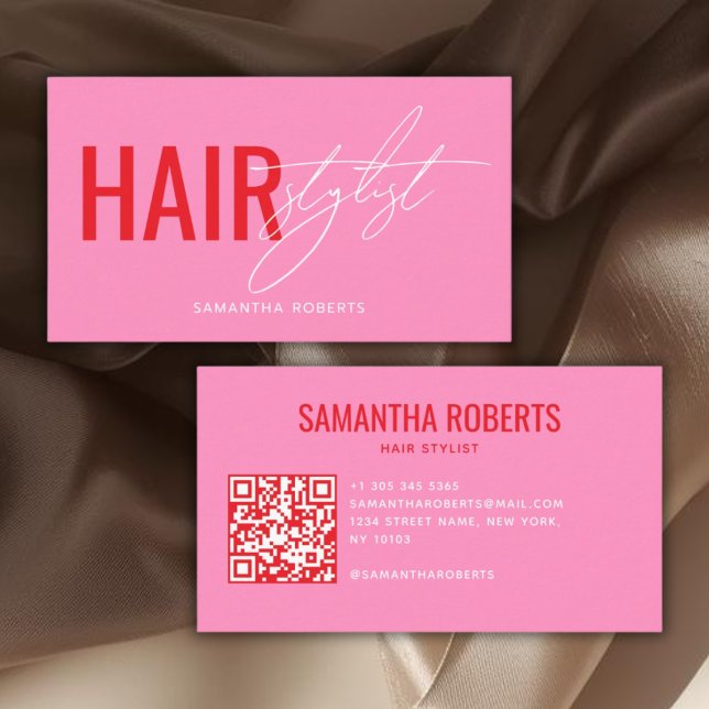 Modern hair stylist QR Code pink Business Card (Creator Uploaded)