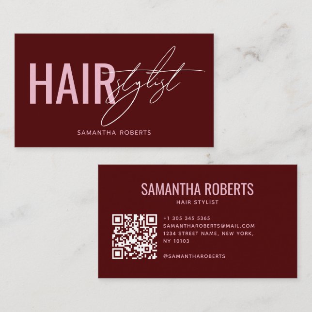 Modern hair stylist QR Code red Business Card (Front/Back)