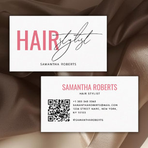 Modern hair stylist QR Code white pink Business Card