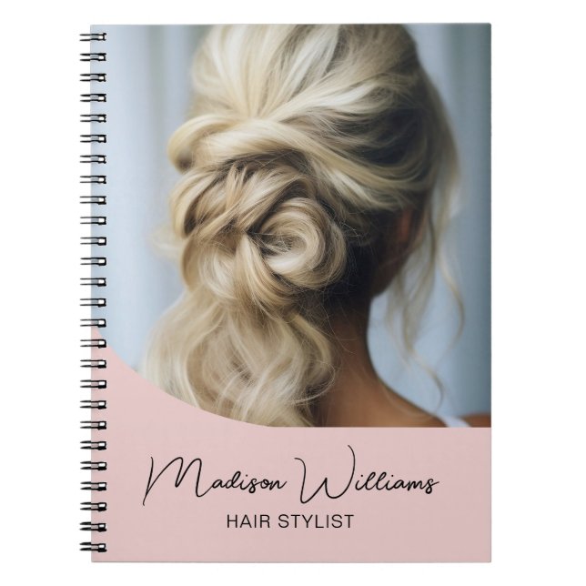 Modern Hair Stylist Salon Custom Photo Script Pink Notebook (Front)