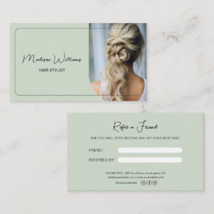 Modern Hair Stylist Salon Sage Green Referral Card