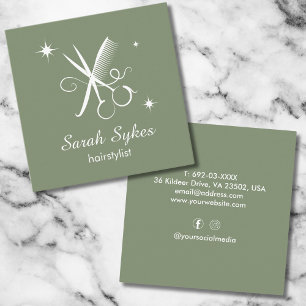 Modern Hair Stylist Scissors Barber Sage Green Square Business Card