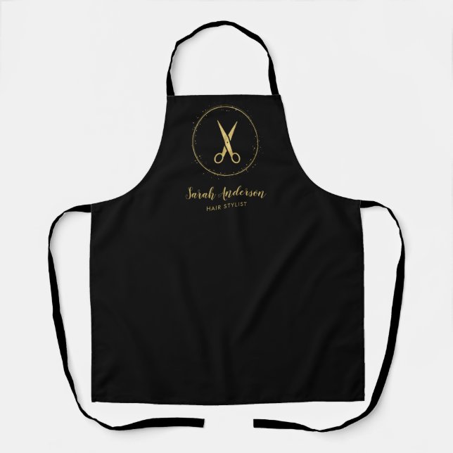 Modern Hair Stylist Scissors Black Gold Name Apron (Front)