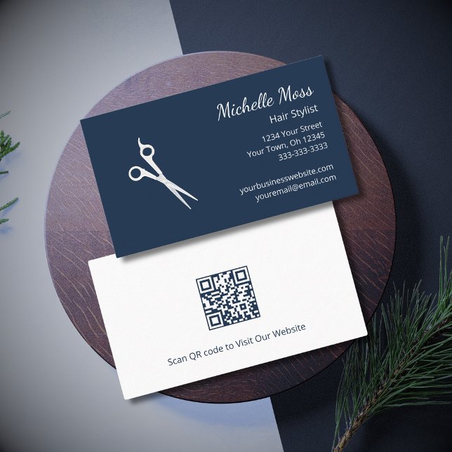Modern Hair Stylist Scissors Navy Blue QR code  Business Card (Creator Uploaded)