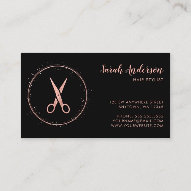 Modern Hair Stylist Scissors Rose Gold Black Business Card (Front)