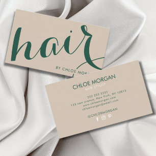 Modern hair stylist script beige and green business card