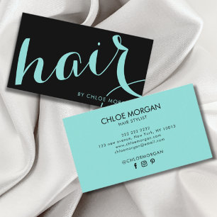 Modern hair stylist script black and blue business card