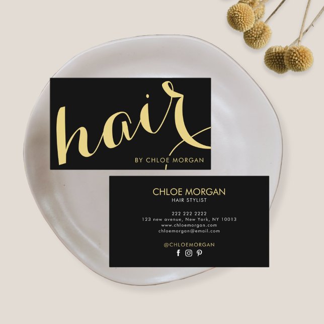 Modern hair stylist script black and gold business card (Creator Uploaded)