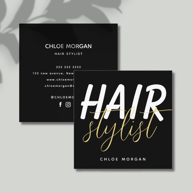 Modern hair stylist script black square business card (Creator Uploaded)