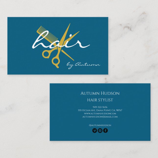 Modern Hair Stylist Script Blue Gold  Business Card (Front/Back)