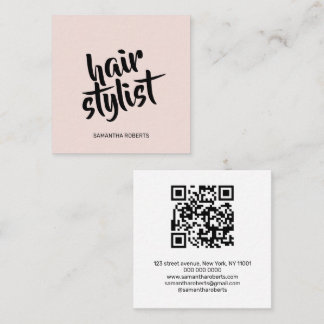 Modern hair stylist script blush pink qr code  square business card
